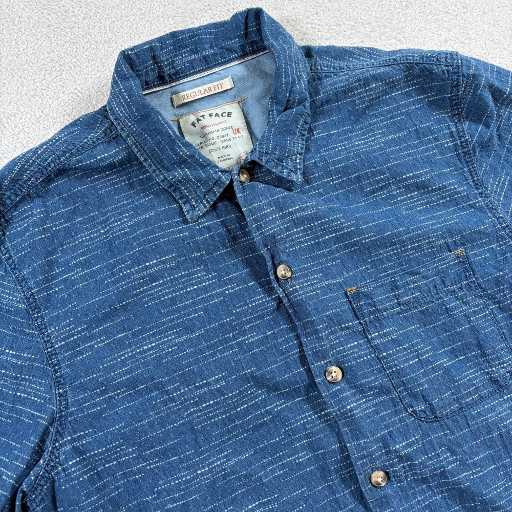 Fat Face Shirt Mens Small Indigo Blue Textured Slub Casual Regular Fit Button Up